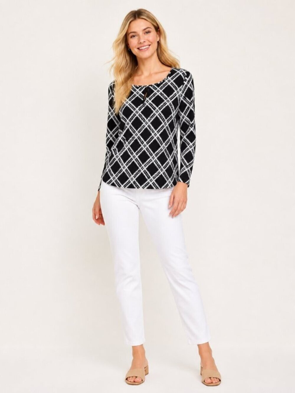 NWT White House Black Market Long Sleeve Tee Pure Plaid Rotated Black XS